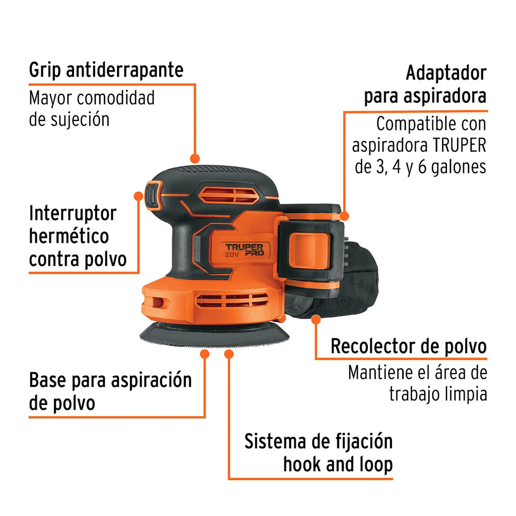 Lijadora roto-orbital Truper 102863, 5", 20V, 1 batería 2Ah, Profesional